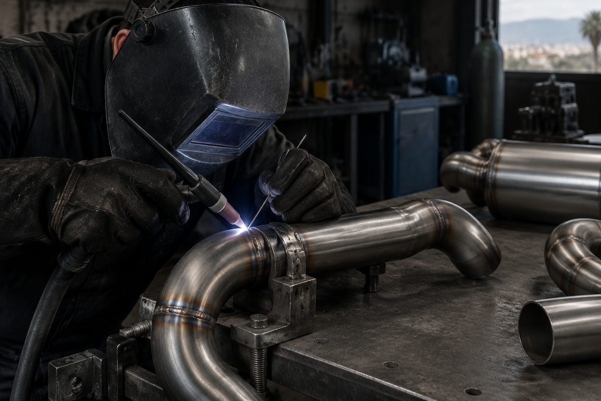 Soldadura TIG de un tramo de escape de acero inoxidable 304 en el banco de trabajo