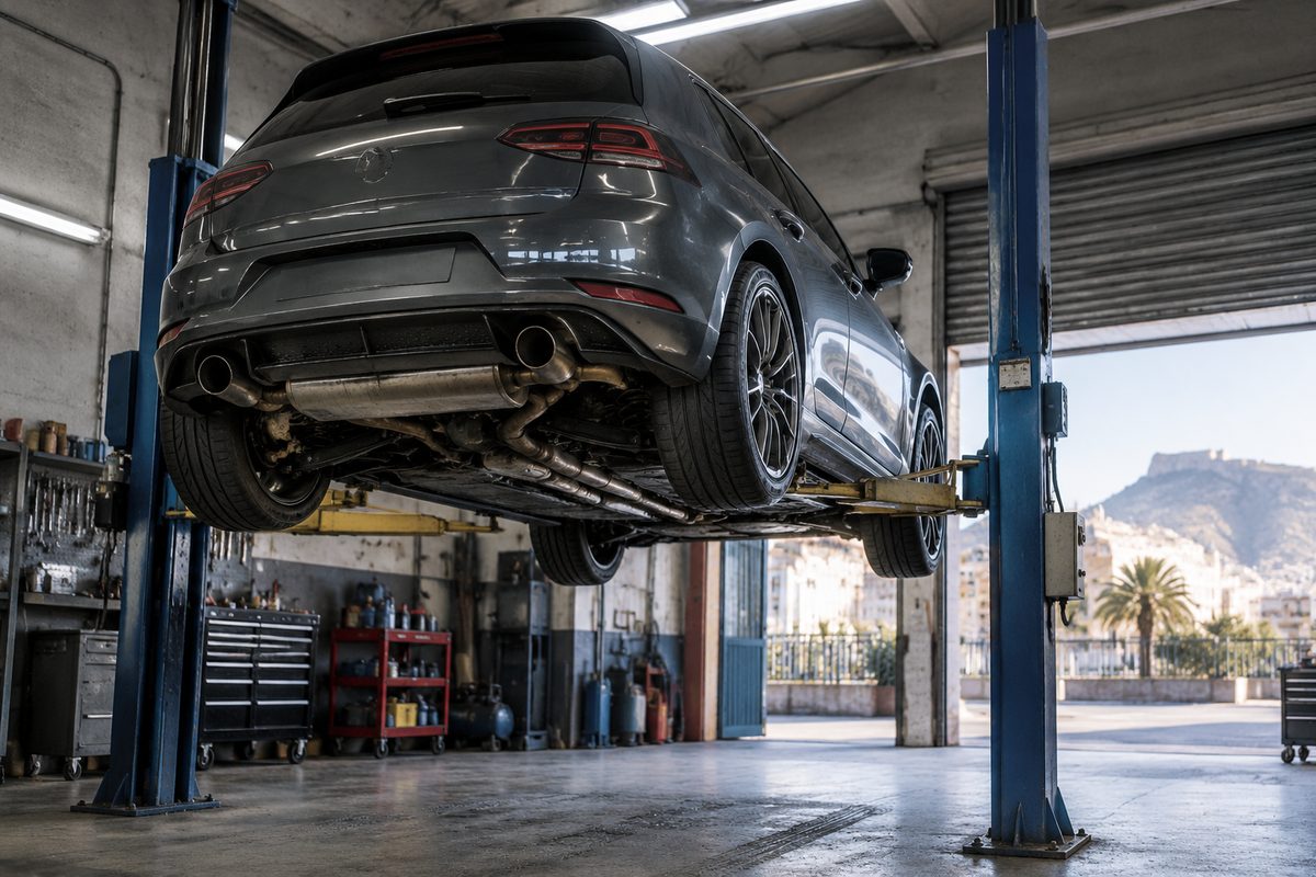 Coche rebajado sobre un elevador de dos columnas en el taller de Tordion Tensor en Valencia