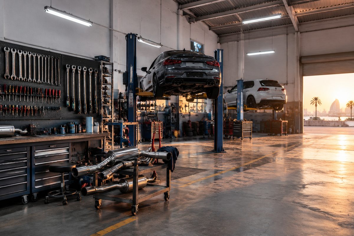Nave del taller de Tordion Tensor con dos coches en elevadores y el panel de herramientas